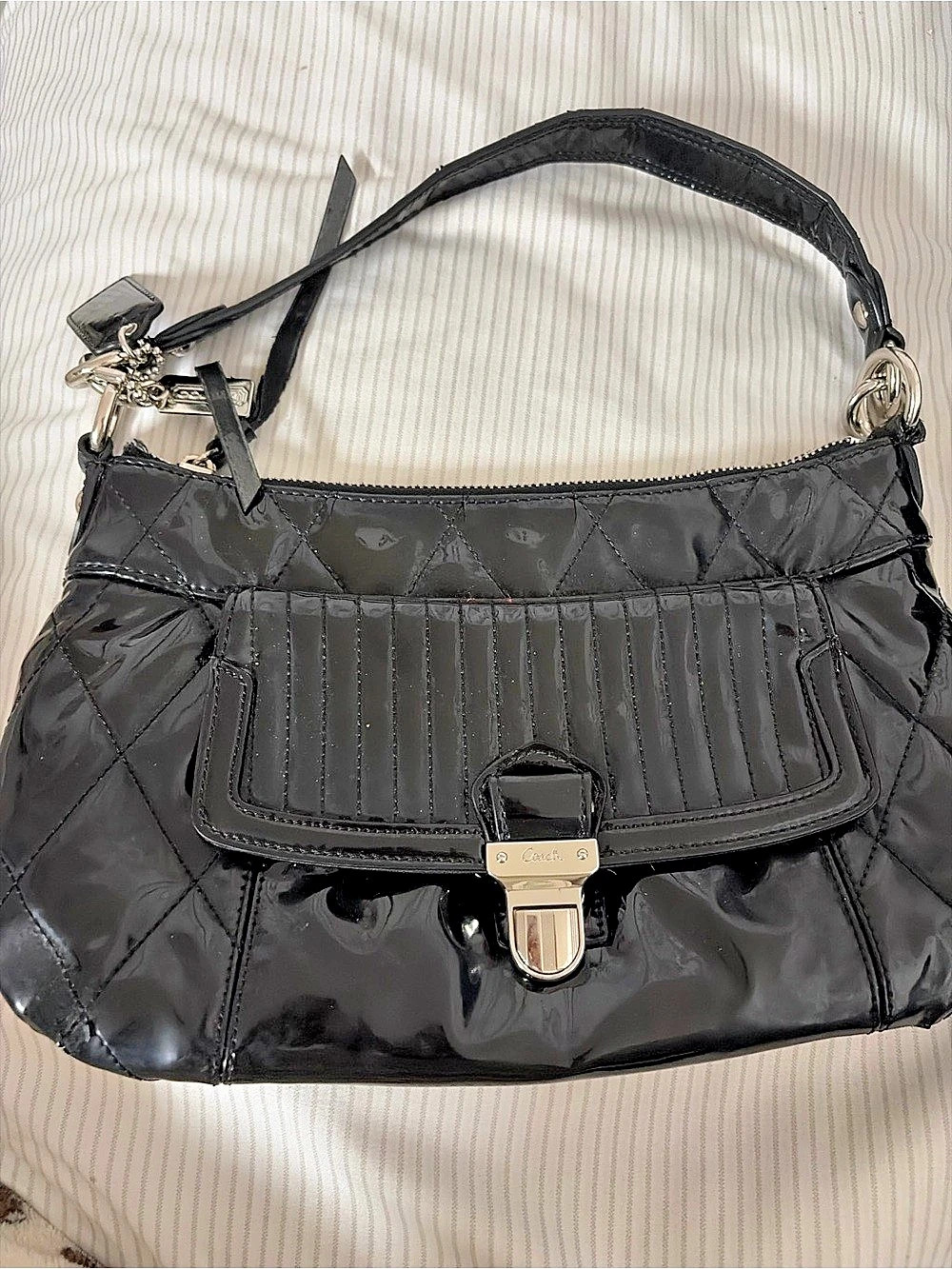 Coach Poppy Quilted Patent Leather Groove Hobo Shoulder Bag in Black